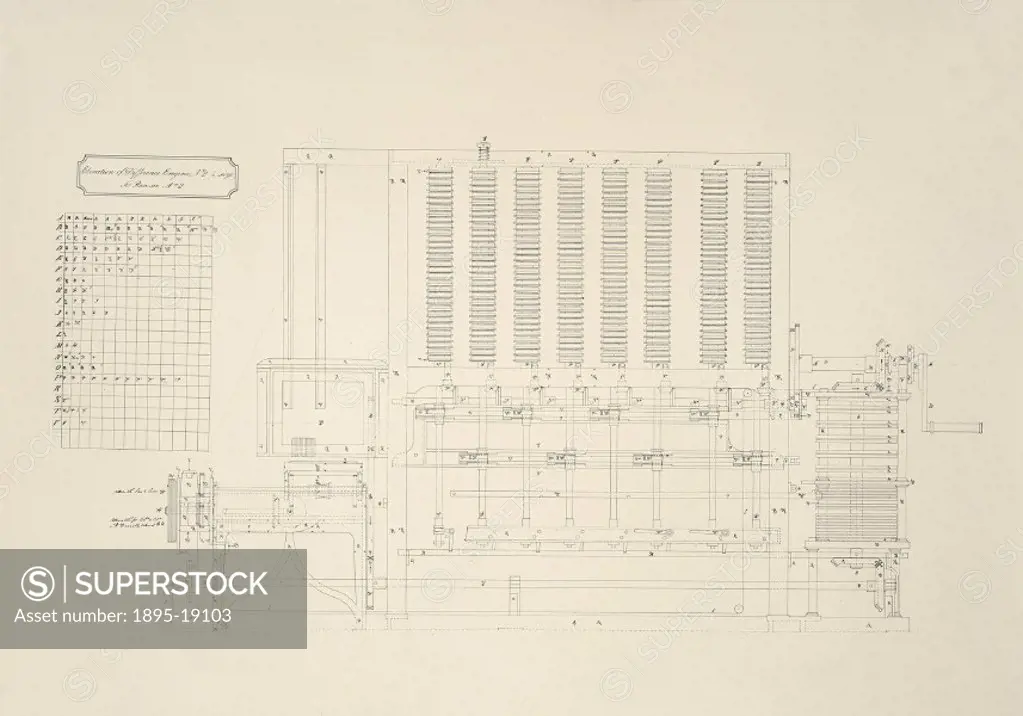Technical drawings by Charles Babbage (1792- 1871). Babbage, a pioneer of computing, was also a reformer, mathematician, philosopher, inventor and pol...