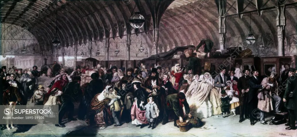 Colour print from the oil painting ´The Railway Station´ (1862) by William Powell Frith (1819-1909). Passengers are shown on a crowded station platfor...