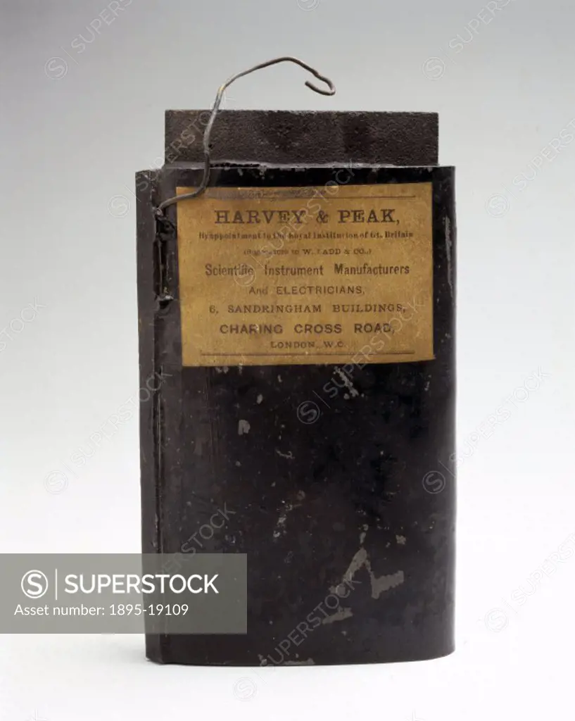 Dry cell battery made by Harvey & Peak, Charing Cross Road, London. The demand for portable cells led to the introduction of dry cells. These are gene...