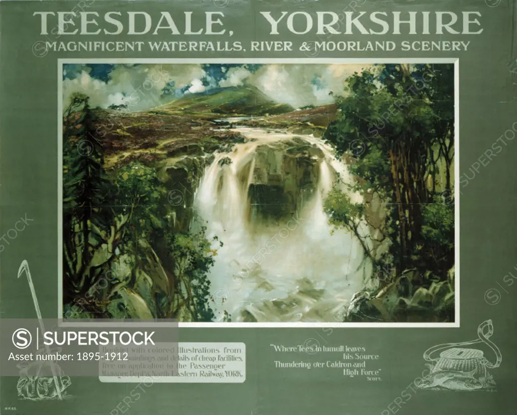 Poster produced for North Eastern Railway (NER) to promote rail travel to Teesdale, Yorkshire. The poster shows a magnificent waterfall over some rock...