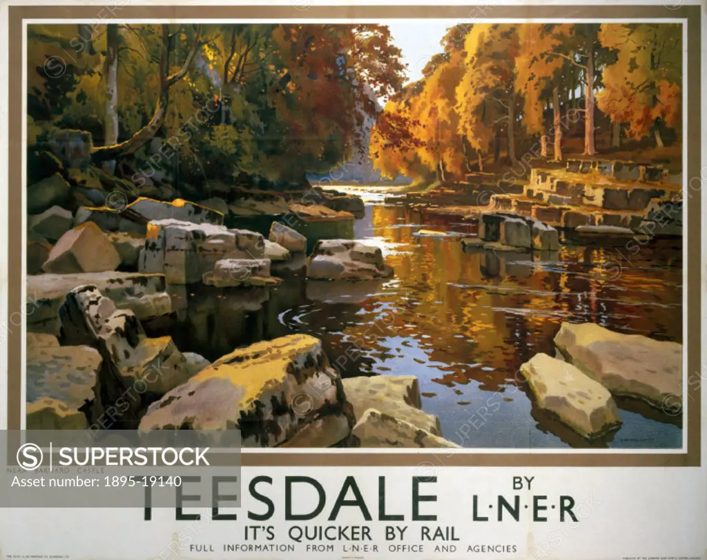 Poster produced for the London & North Eastern Railway showing a pastoral riverside scene near Barnard Castle. Artwork by Ernest William Haslehust (18...