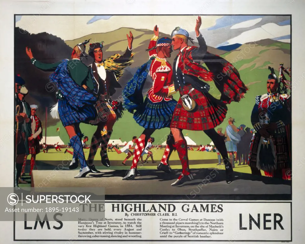 Poster produced for the London Midland & Scottish and London North Eastern Railways showing a group of Scottish men dancing in traditional dress, with...