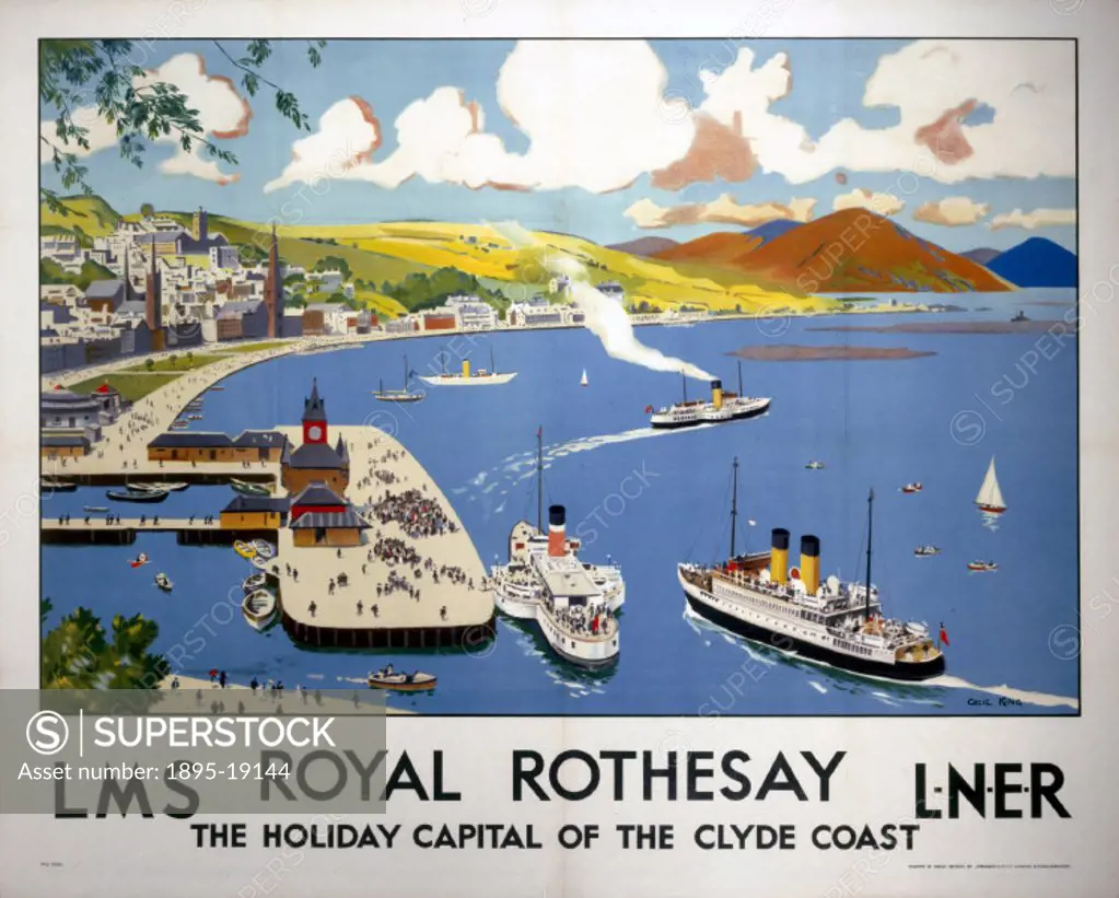 Poster produced for the London Midland & Scottish (LMS) and London & North Eastern Railways (LNER) featuring a cliff-top view of Rothesay bay, Scotlan...