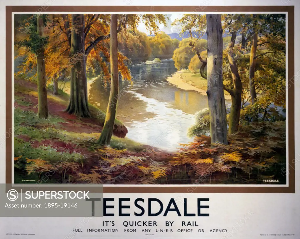 Poster produced for London North Eastern Railway showing a pastoral riverside scene in the Teesdale area.
