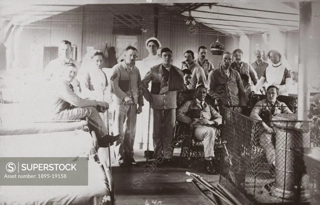 One of a series of postcards showing injured soldiers at Queen Mary´s Orthopaedic Hospital, Roehampton, London, members of the Essex Regiment and othe...