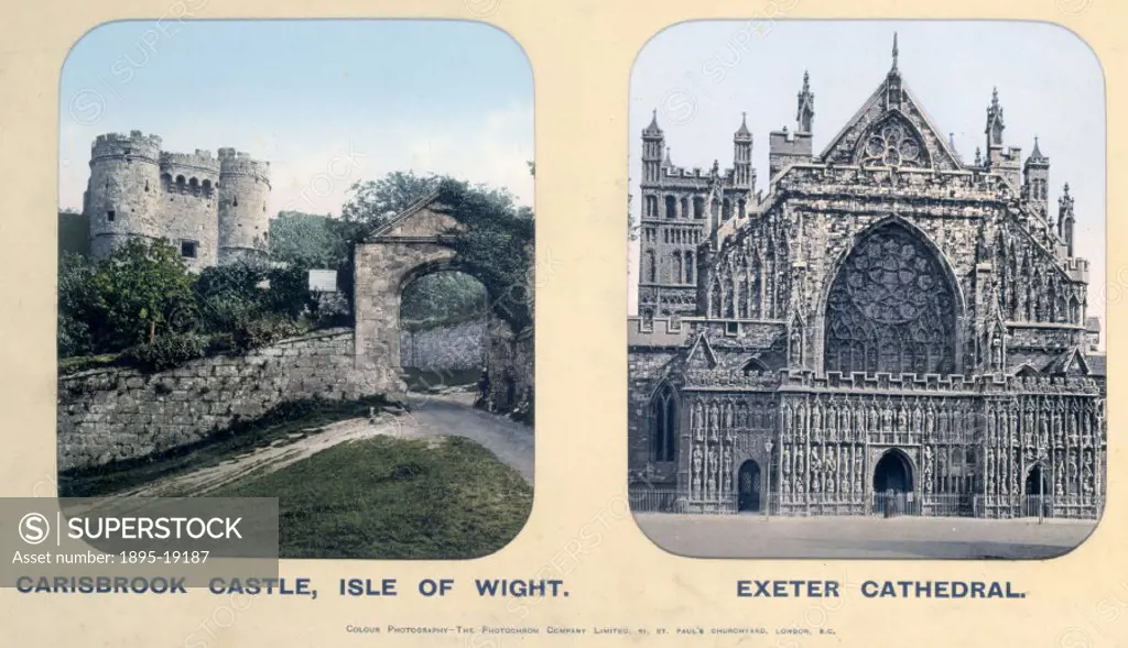 London & South Western Railway (LSWR) carriage photographs, showing the stone gateway to Carisbrook Castle, with the castle beyond, and the west front...