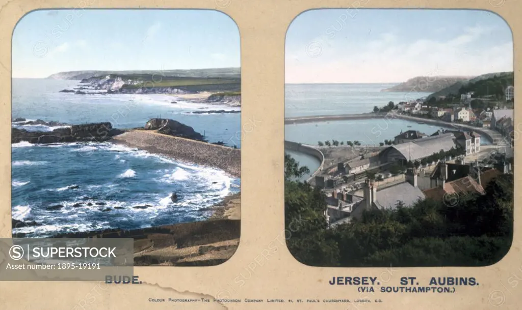 London & South Western Railway (LSWR) carriage photographs showing the holiday resorts of Bude and St Aubins. Colour photography by The Photochrom Com...
