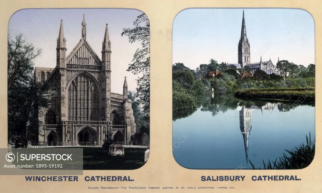 London & South Western Railway (LSWR) carriage photographs showing exterior views of Winchester and Salisbury Cathedrals. Colour photography by the Ph...