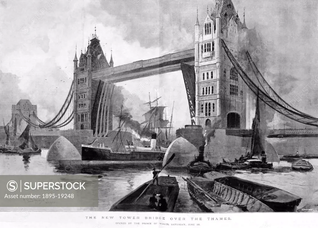 Painting by H C Seppings Wright reproduced in the Illustrated London News (1894). The image shows a view of the newly constructed Tower Bridge in Lond...