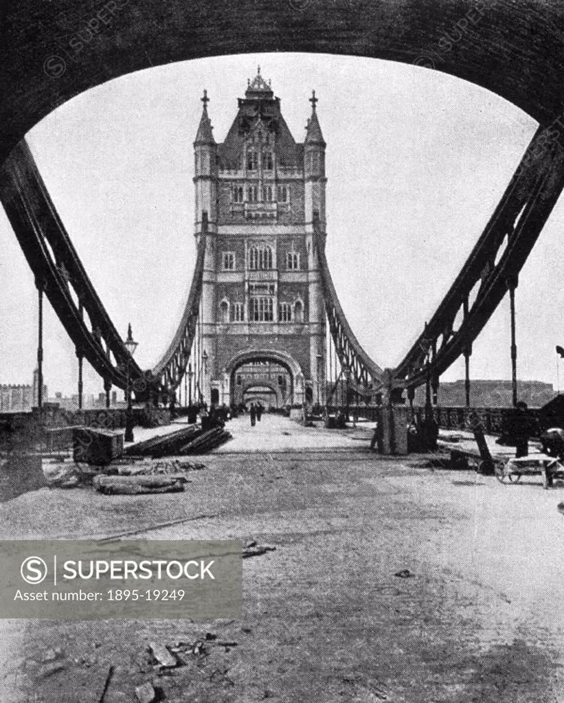 Photograph by Russell and Sons, printed in the Illustrated London News (1894), showing Tower Bridge, London. The Bridge was opened by the Prince of Wa...