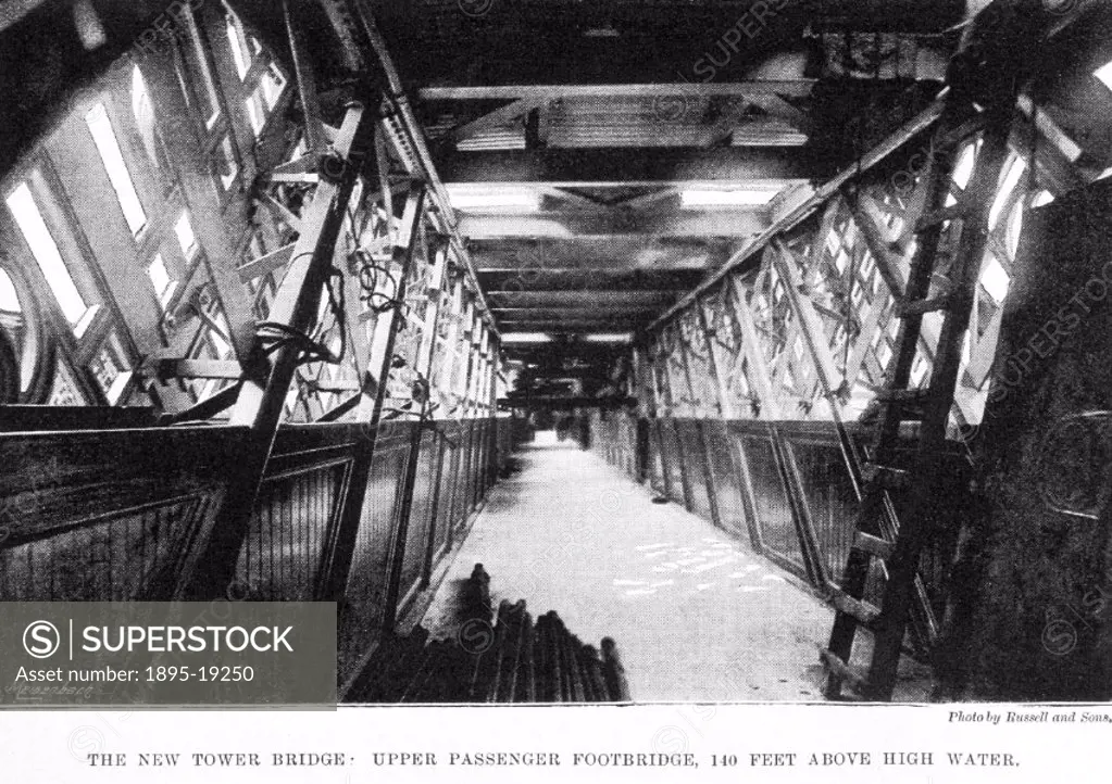 Photograph by Russell and Sons printed in the Illustrated London News (1894). The Image shows the interior of the pedestrian footbridge on the newly c...