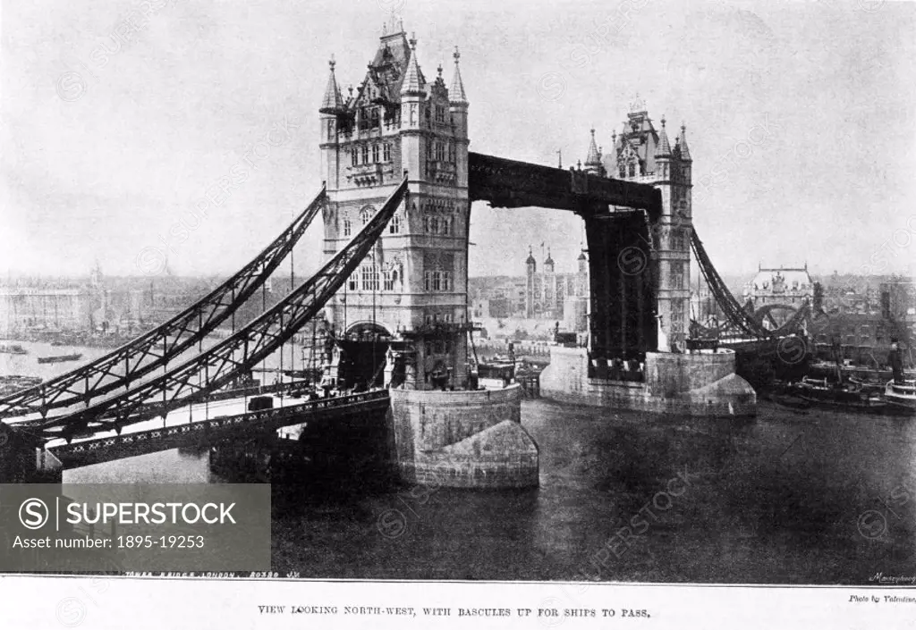 Photograph by Valentine, printed in the London Illustrated News (1894). Tower Bridge was opened in June 1894 by the Prince of Wales. It is an example ...