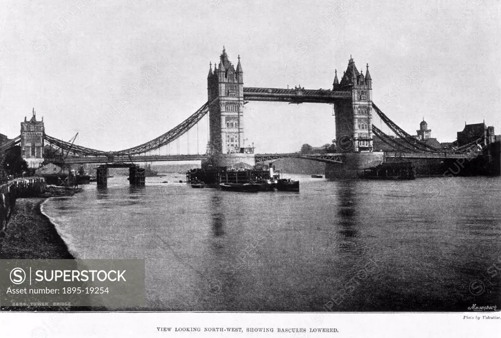 Photograph by Valentine, printed in the London Illustrated News (1894). Tower Bridge was opened in June 1894 by the Prince of Wales. It is an example ...