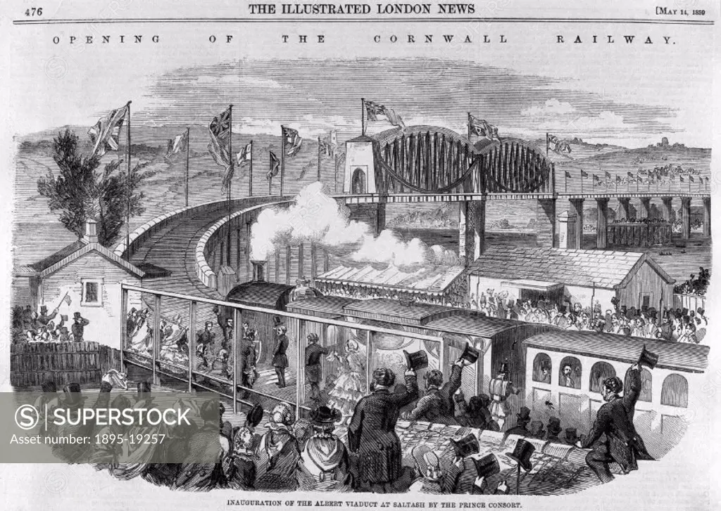 Engraved plate taken from the Illustrated London News (1859), depicting the inauguration of the Albert Viaduct, Saltash, Cornwall. The Royal Albert Br...