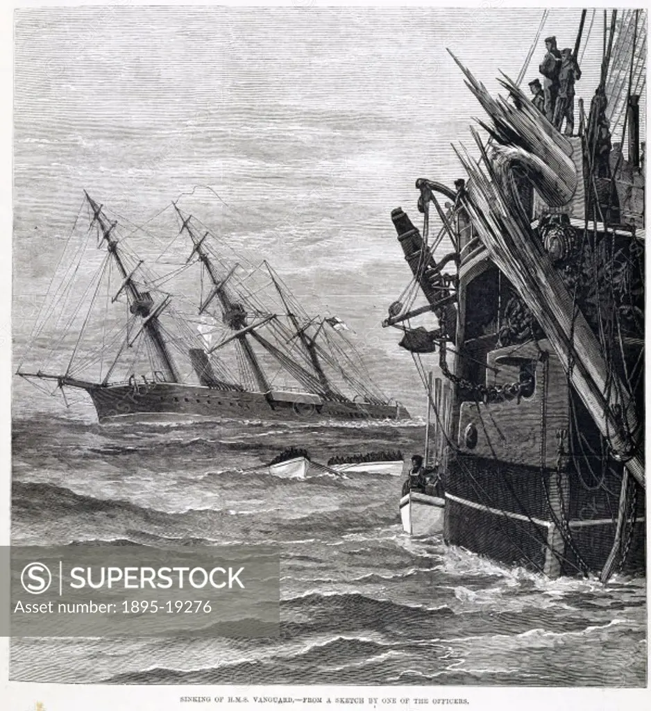 Engraving from the ´Illustrated London News´ (September 1875), showing the sinking of the Royal Navy warship HMS Vanguard’ as sketched by one of her ...