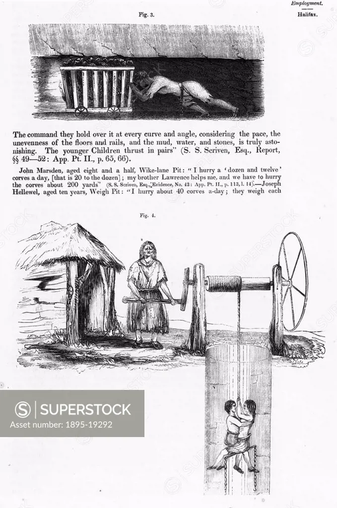 Children working in a coalmine, 1842 Two illustrations from the Report of the Children´s Employment Commission, 1842  The top image shows a hurrier’ ...