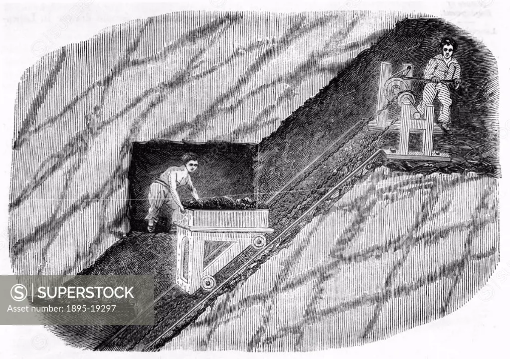 Illustration from the Children´s Employment Commission Report. One child is shown with a load of coal, which is being winched up the steep slope of a ...