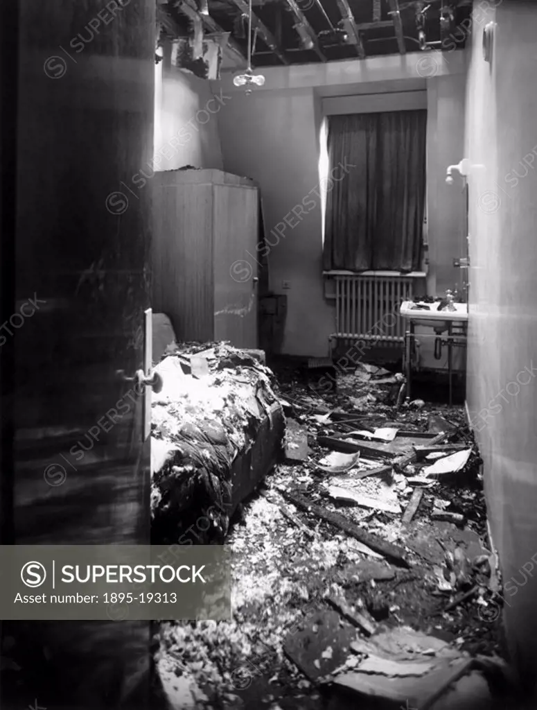 Air raid damage to a room at the Great Western Royal Hotel, Paddington Station, London, 20 February 1944. The Great Western Royal Hotel was designed b...