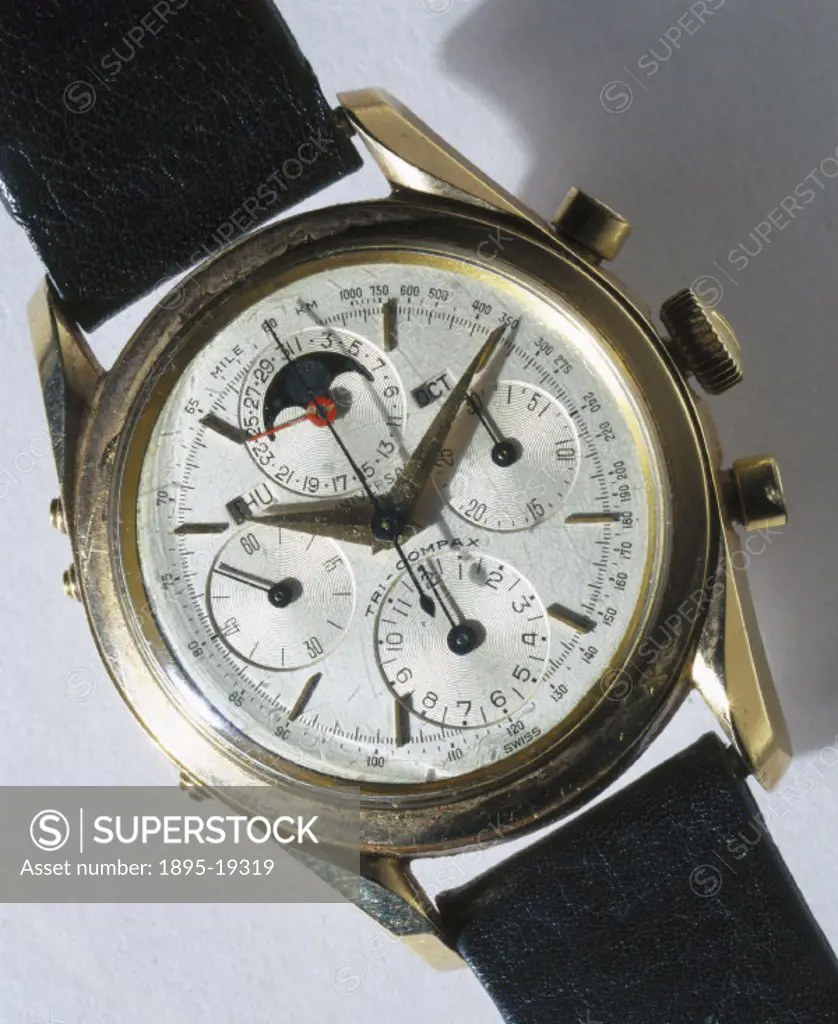 Wristwatch in a gold case made by Universal of Geneva, Switzerland. On the left of the main dial is a subsidiary seconds dial, directly opposite is a ...