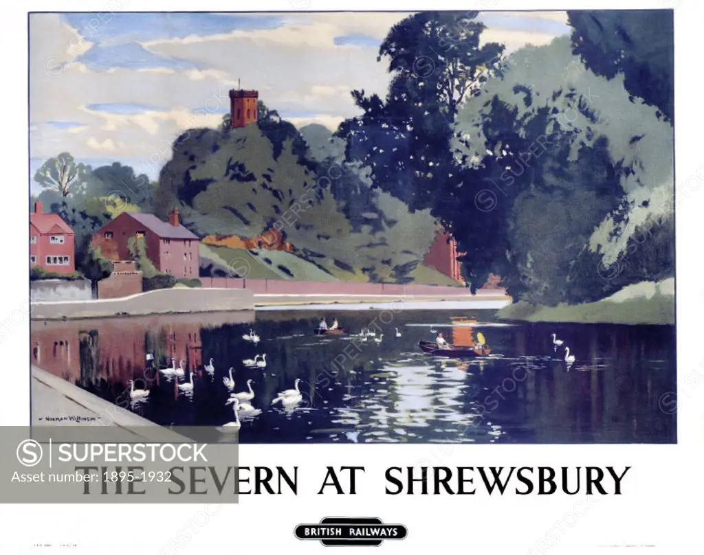 Poster produced for British Railways (BR) to promote rail services to Shrewsbury in Shropshire. The poster shows a view of the Severn with ducks and g...