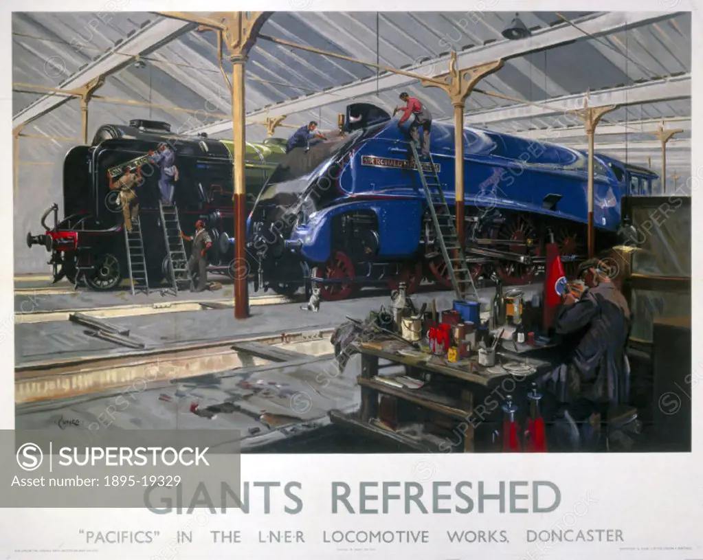 Poster produced for the London & North Eastern Railway (LNER) showing ´Pacifics in the LNER Locomotive Works, Doncaster.´ Artwork by Terence Cuneo (19...