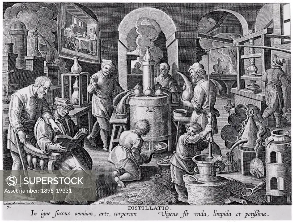 Engraved plate ´Distillation´ from a book by Van der Straet called ´New Discoveries´.