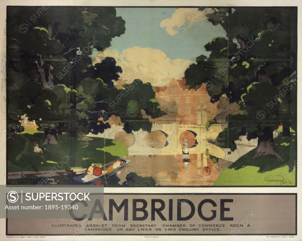Poster produced for the London & North Eastern Railway (LNER) to promote rail travel to Cambridge. The poster shows a river view of Cambridge. Artwork...