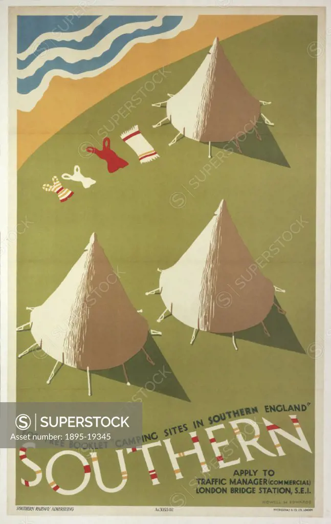 Poster produced for the Southern Railway (SR) to promote the railways free booklet of camp sites in the south of England. The poster is illustrated w...