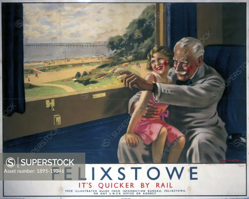 Poster produced for the London & North Eastern Railway to promote the East Coast rail route to Felixstowe, and showing a grandfather and his granddaug...