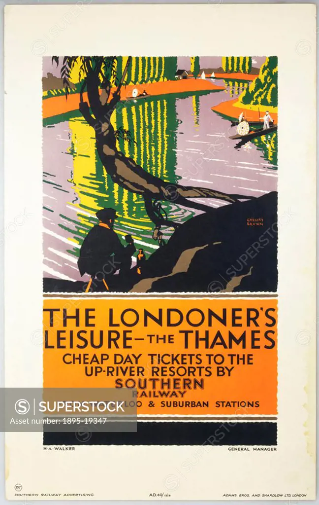 Poster produced by the Southern Railway (SR) to advertise their day trips along the river Thames, and showing a riverside scene with a man in the fore...