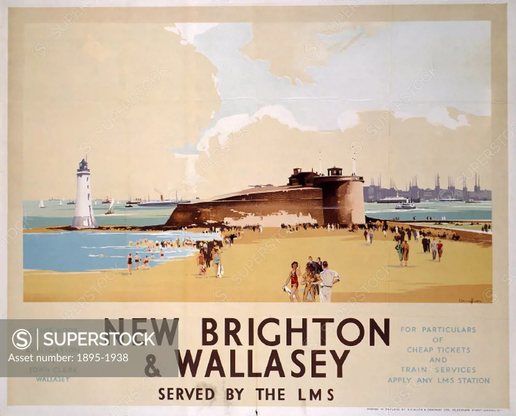 Poster produced for London Midland & Scottish Railway to promote rail services to New Brighton and Wallasey. The poster shows a view of the beach at N...
