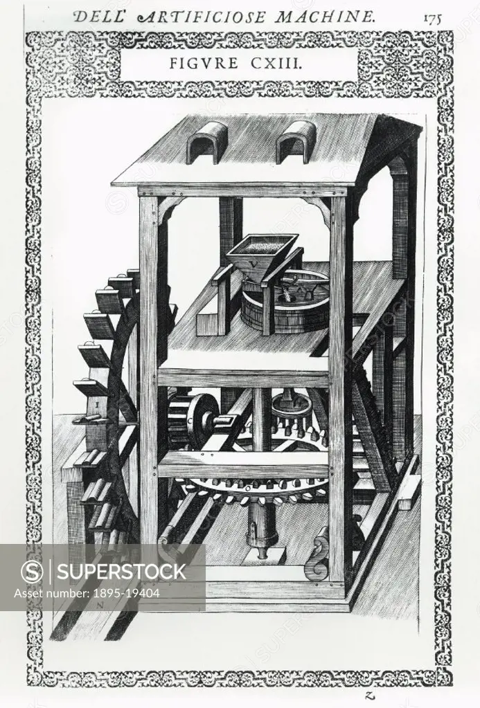 Corn mill driven by an undershot water wheel, 1588.