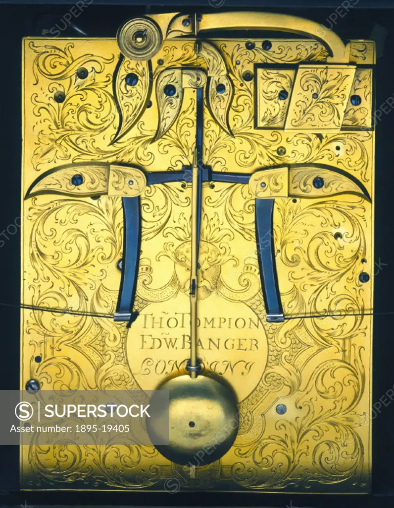 Detail of backplate. This bracket clock was made by Thomas Tompion and Edward Banger. Tompion (1639-1713) was one of the greatest of English clockmake...