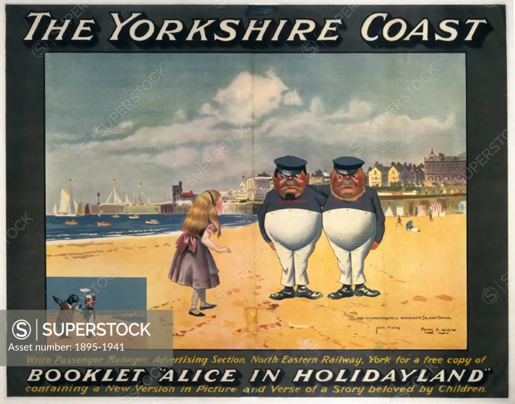 North Eastern Railway poster, Alice in Holidayland’, showing Alice on the beach with Tweedledum and Tweedledee. Artwork by Frank Mason.