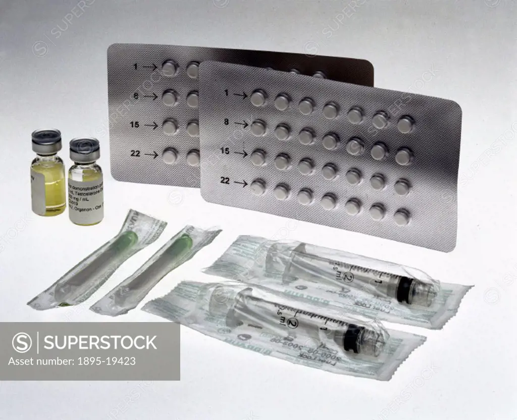 Contraceptive kit including male pills, syringes, and bottles of testosterone solution. Following successful trials of the male contraceptive pill at ...