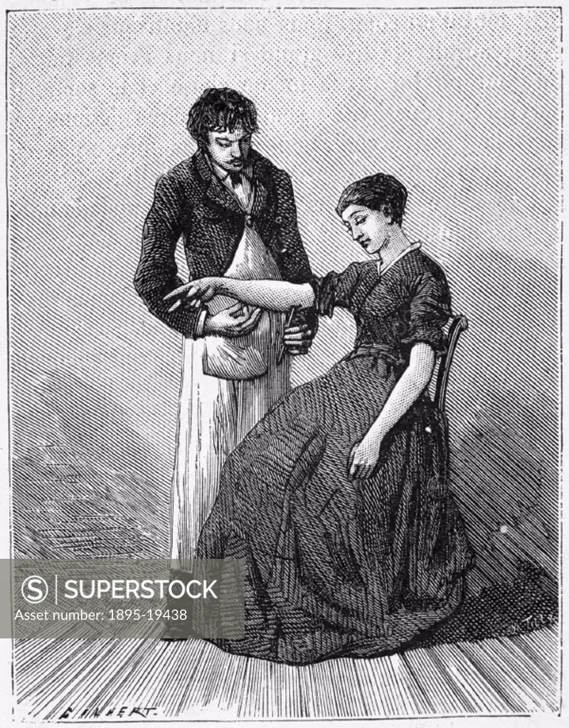 Illustration by Gilbert, plate taken from ´La Nature´ (Paris, 1881) edited by Gaston Tissandier, showing a doctor stimulating the cubital nerve of a w...