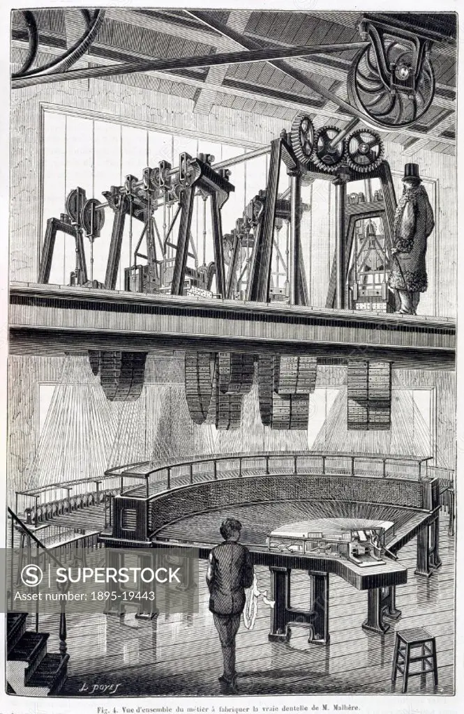 Engraving by L Poyet taken from the magazine La Nature’ published in Paris in 1881. An interior view of a lace factory showing a large Jacquard mecha...