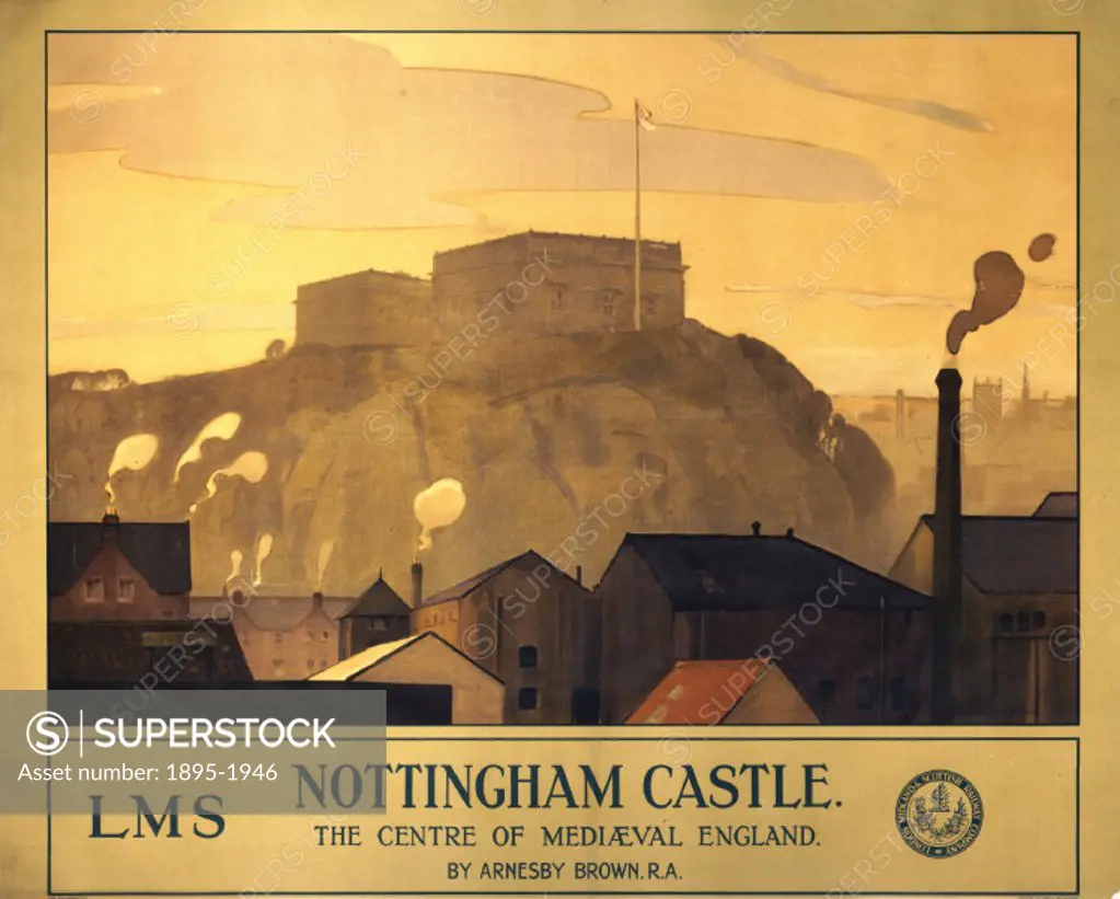 London Midland & Scottish Railway poster advertising Nottingham as ´the centre of mediaeval England´. Artwork by Arnesby Brown (1866-1955).