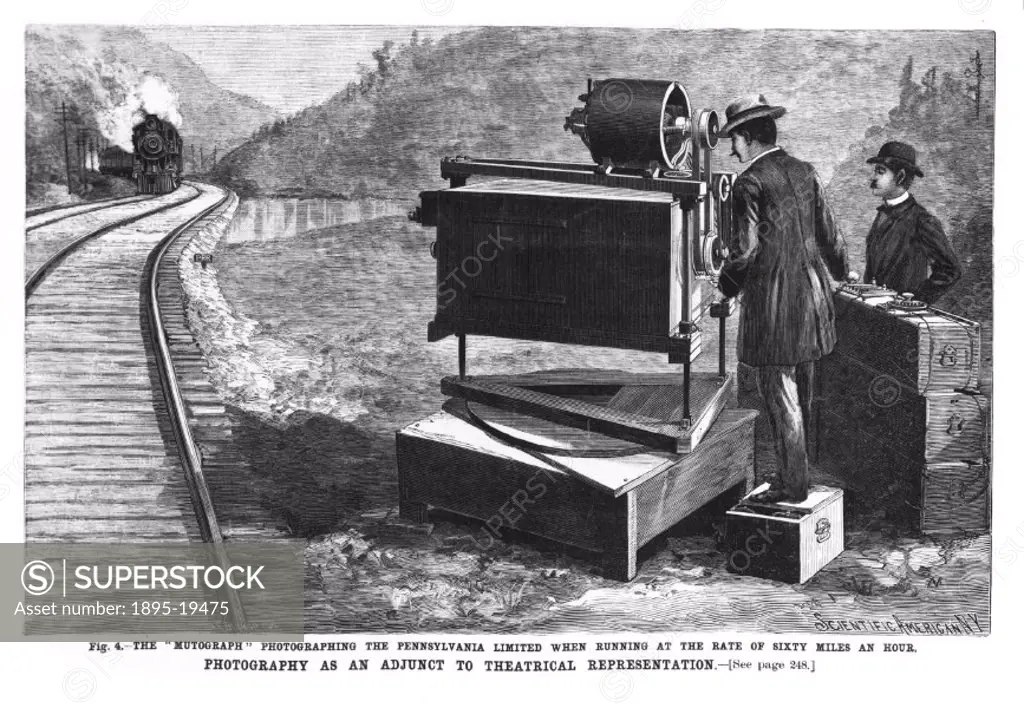 Illustrated plate taken from ´Scientific American´ (1897), showing two men using the ´Mutograph´ to film the Pennsylvania Limited when running at a r...