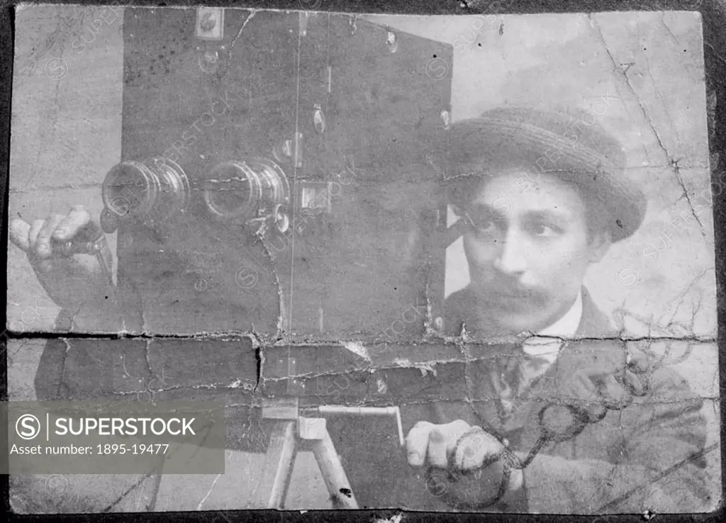 James Crawley operating a Friese-Greene stereoscopic cine camera, c 1895. William Friese- Greene (1855-1921), camera manufacturer and photographer, wa...