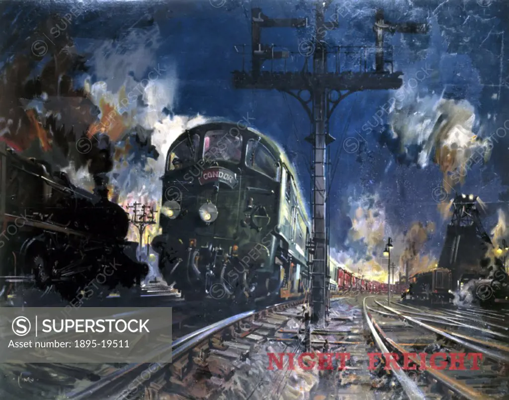 Night Freight´, artwork for BR (LMR) poster, c 1960s. Artwork produced for British Railways (London Midland Region) by Terence Cuneo (1907- 1996). Fro...