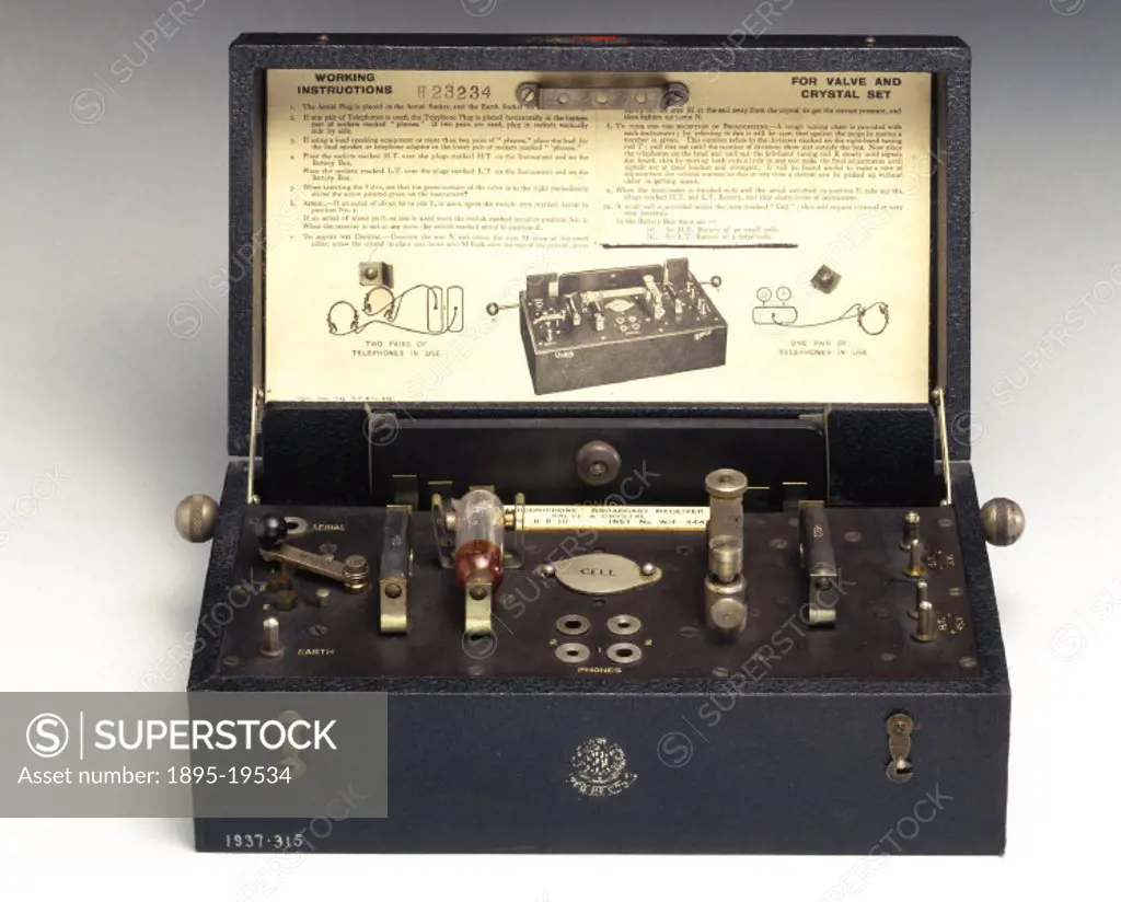 Marconiphone crystal-valve radio receiver, 1923.This type RB10 crystal set is typical of the type available to domestic buyers in the 1920s. At the ti...
