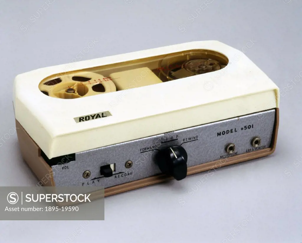 Royal´ all transistor tape recorder, c 1958-1965. Reel to reel tape recorder,  model IM-105, with microphone and earphone made in Japan. - SuperStock