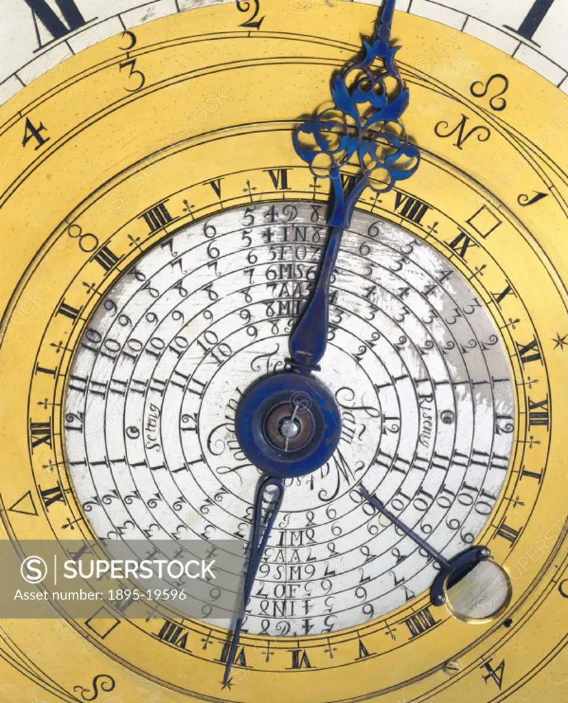 Detail of hand and dial. Made by Samuel Watson (1635-1710), London, this is the earliest English astronomical clock in which the sun is fixed, accordi...