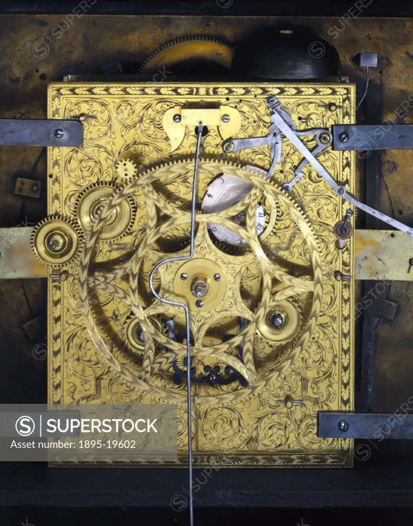 Detail of clock movement. Made by Samuel Watson (1635-1710), London, this is the earliest English astronomical clock in which the sun is fixed, accord...