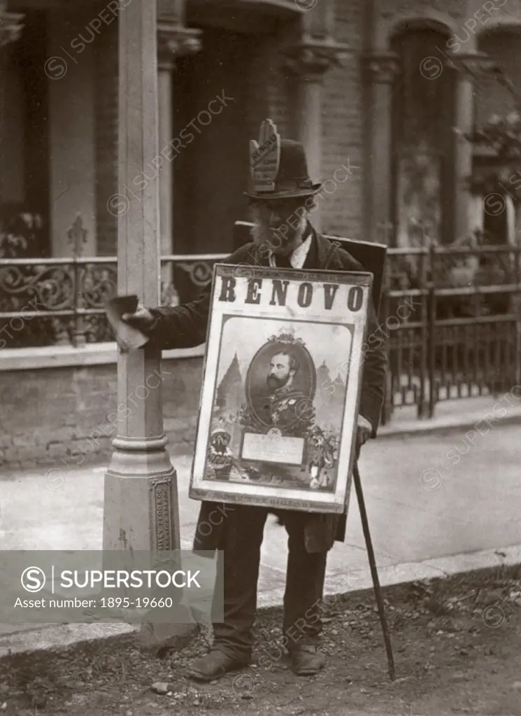 Woodburytype of a man wearing a sandwich board, taken from ´Street Life in London´ (1877), written by Adolphe Smith with photography by the Scottish p...