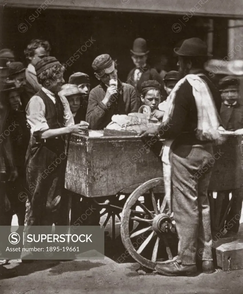 Woodburytype of an ice cream vendor trading on the street, taken from ´Street Life in London´ (1877), written by Adolphe Smith with photography by the...