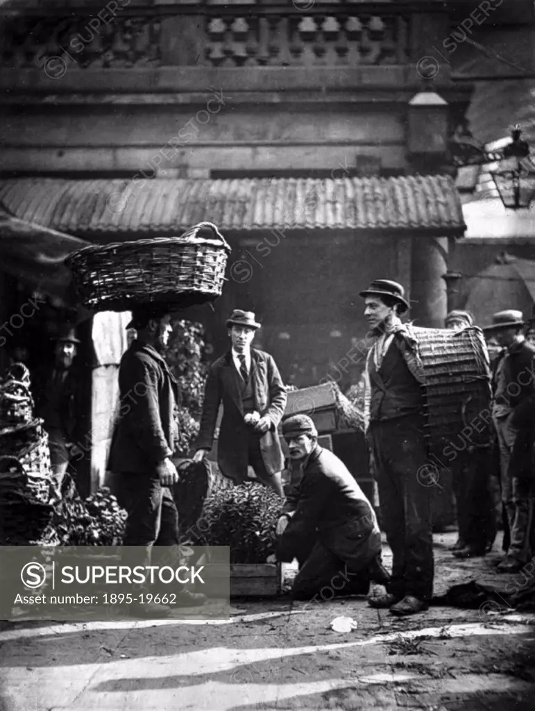 Plate produced using the Woodburytype process, showing market stall labourers at work, taken from ´Street Life in London´ (London, 1877) written by Ad...