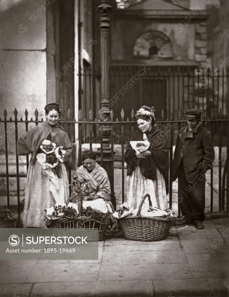 Woodburytype of flower sellers with their baskets, taken from ´Street Life in London´ (1877), written by Adolphe Smith with photography by the Scottis...