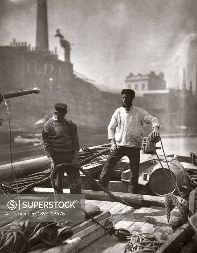 Photograph produced using the Woodburytype process of two workers on the deck of a barge on the River Thames, taken from ´Street Life in London´ (Lond...